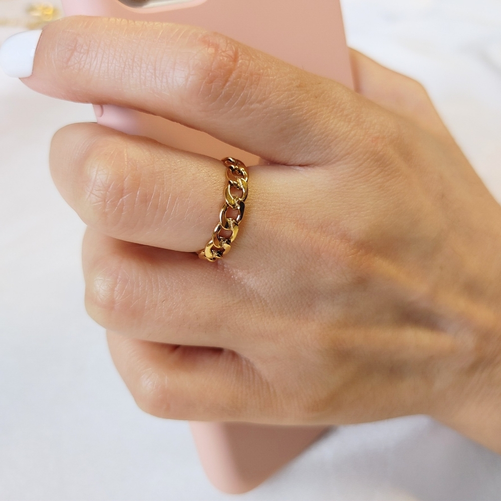 18k Gold Curb Link Chain Ring PVD Gold Plated Stainless Steel Ring